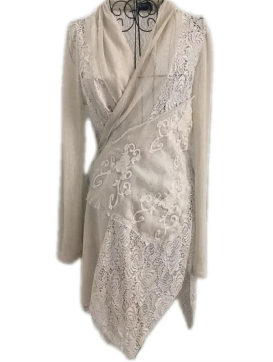 Vintage Ania A Sheer Lace Jacket Beige Asymmetrical Boho Whimsy Patchwork Sz M - Picture 2 of 13